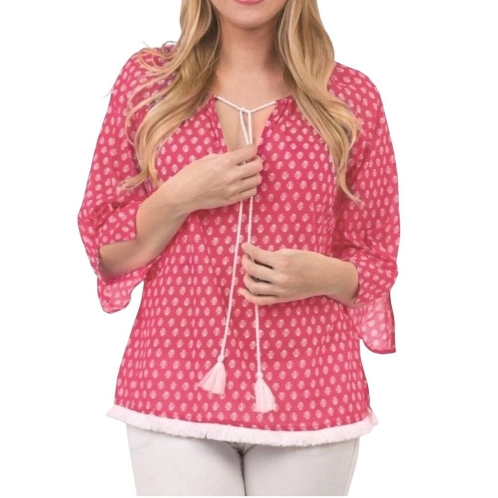 Top It Off Pink White Tassel Tunic Blouse NWT Women’s Medium Cotton Boho Fringe